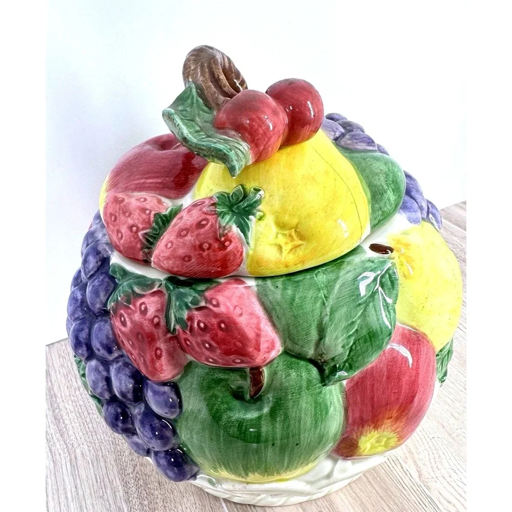 Otagiri‎ Japan Fruit Basket Cookie Jar Ceramic Apple Grape Strawberry READ